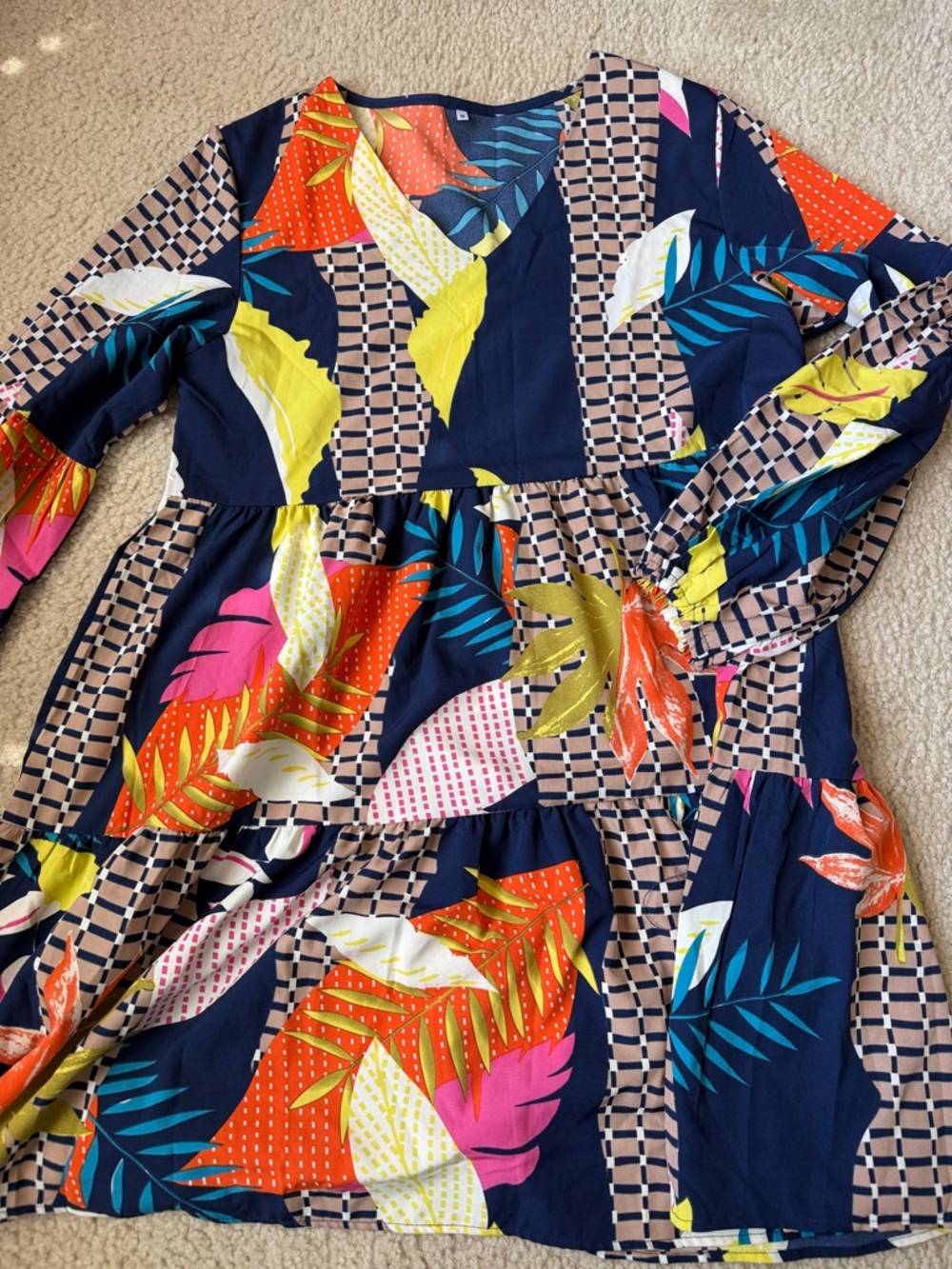 Navy Tropical Print Tiered Mini Dress